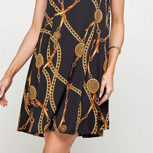PLUS SIZE BLACK GOLD CHAIN PRINT RUFFLE SURPLICE MIDI DRESS - Picture 2 of 2